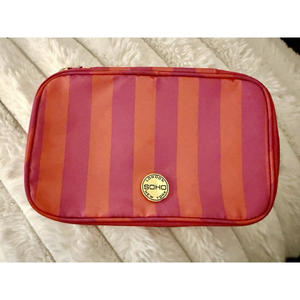 Soho London New York Makeup Bag Pink Orange Striped Travel Cosmetic‎ Case Zip